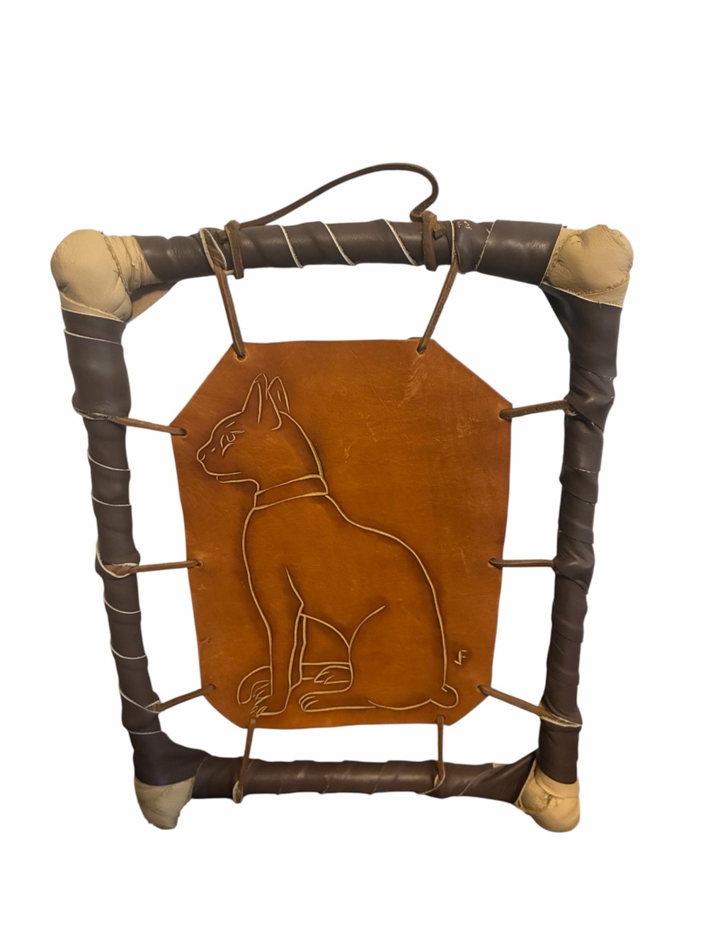 Vintage Handcrafted Leather Cat Design Wall Hanging